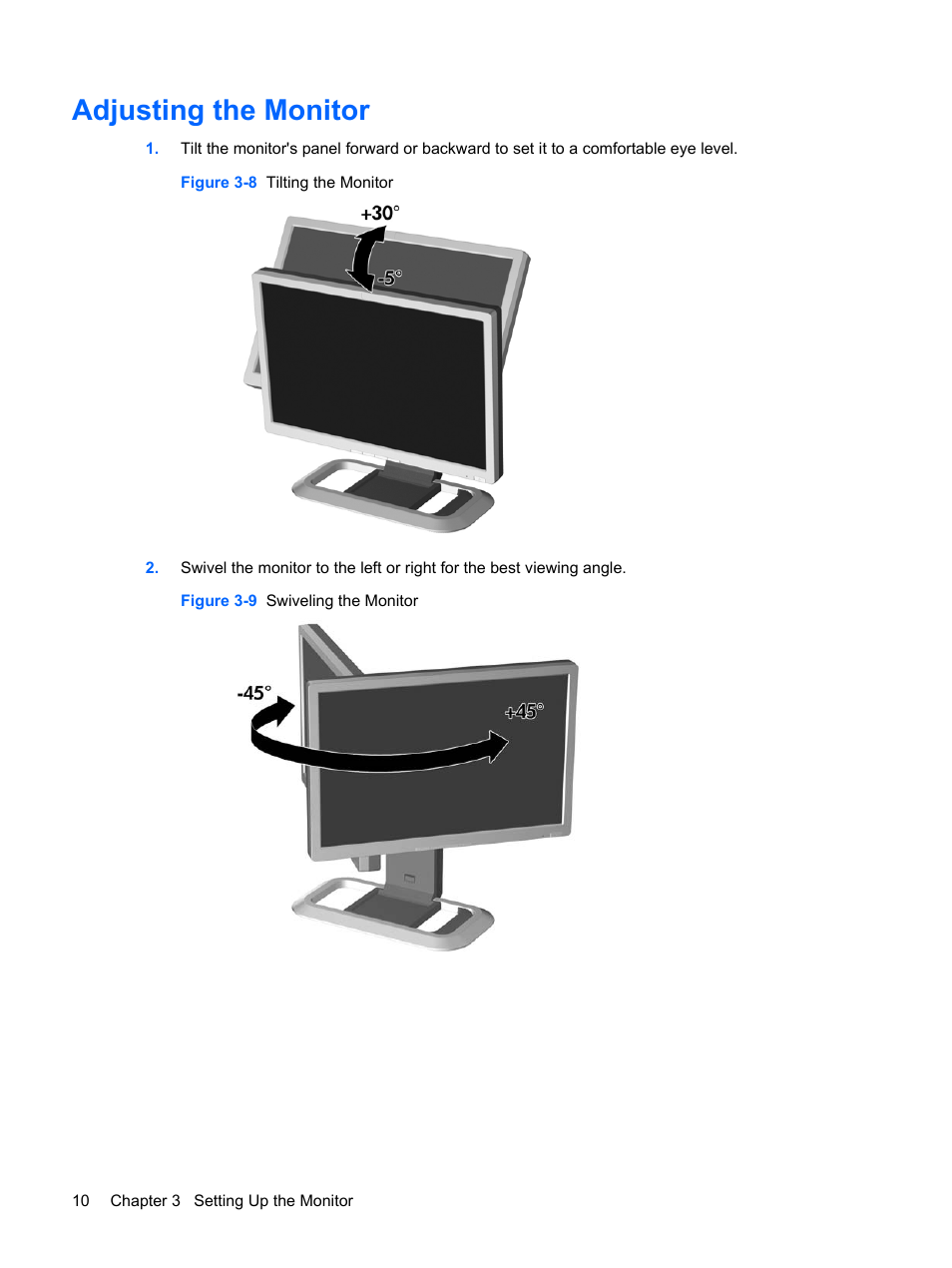 Adjusting the monitor | HP L2045w 20-inch Widescreen LCD Monitor User Manual | Page 18 / 49