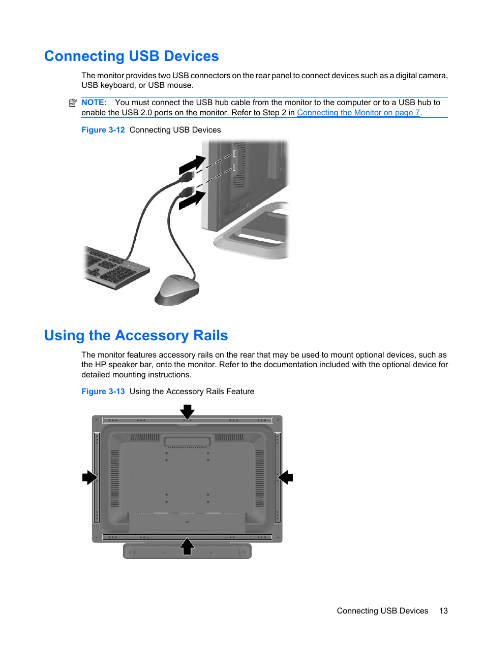 Connecting usb devices, Using the accessory rails, Connecting usb devices using the accessory rails | HP L2045w 20-inch Widescreen LCD Monitor User Manual | Page 21 / 49