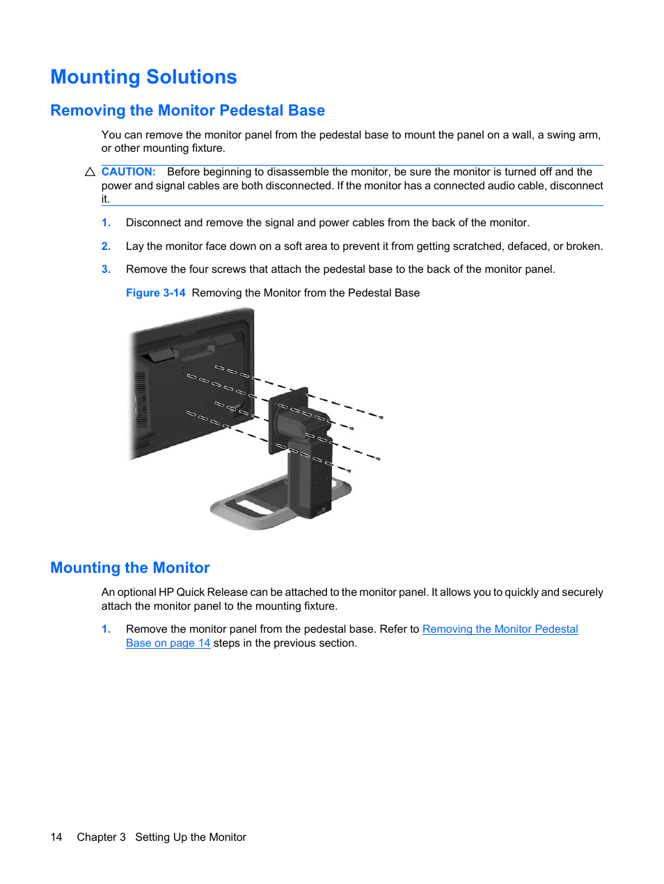 Mounting solutions, Removing the monitor pedestal base, Mounting the monitor | HP L2045w 20-inch Widescreen LCD Monitor User Manual | Page 22 / 49