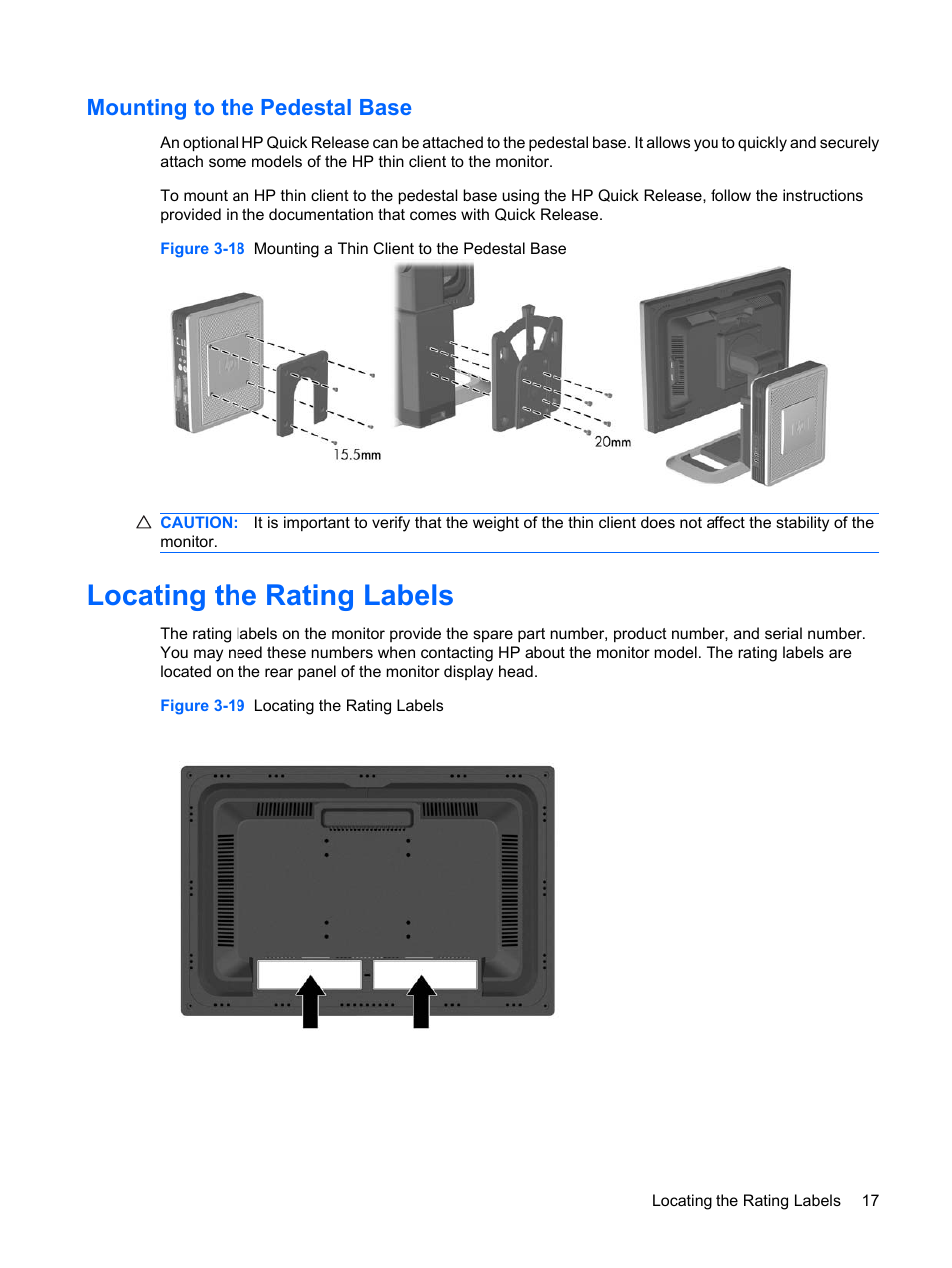 Mounting to the pedestal base, Locating the rating labels | HP L2045w 20-inch Widescreen LCD Monitor User Manual | Page 25 / 49