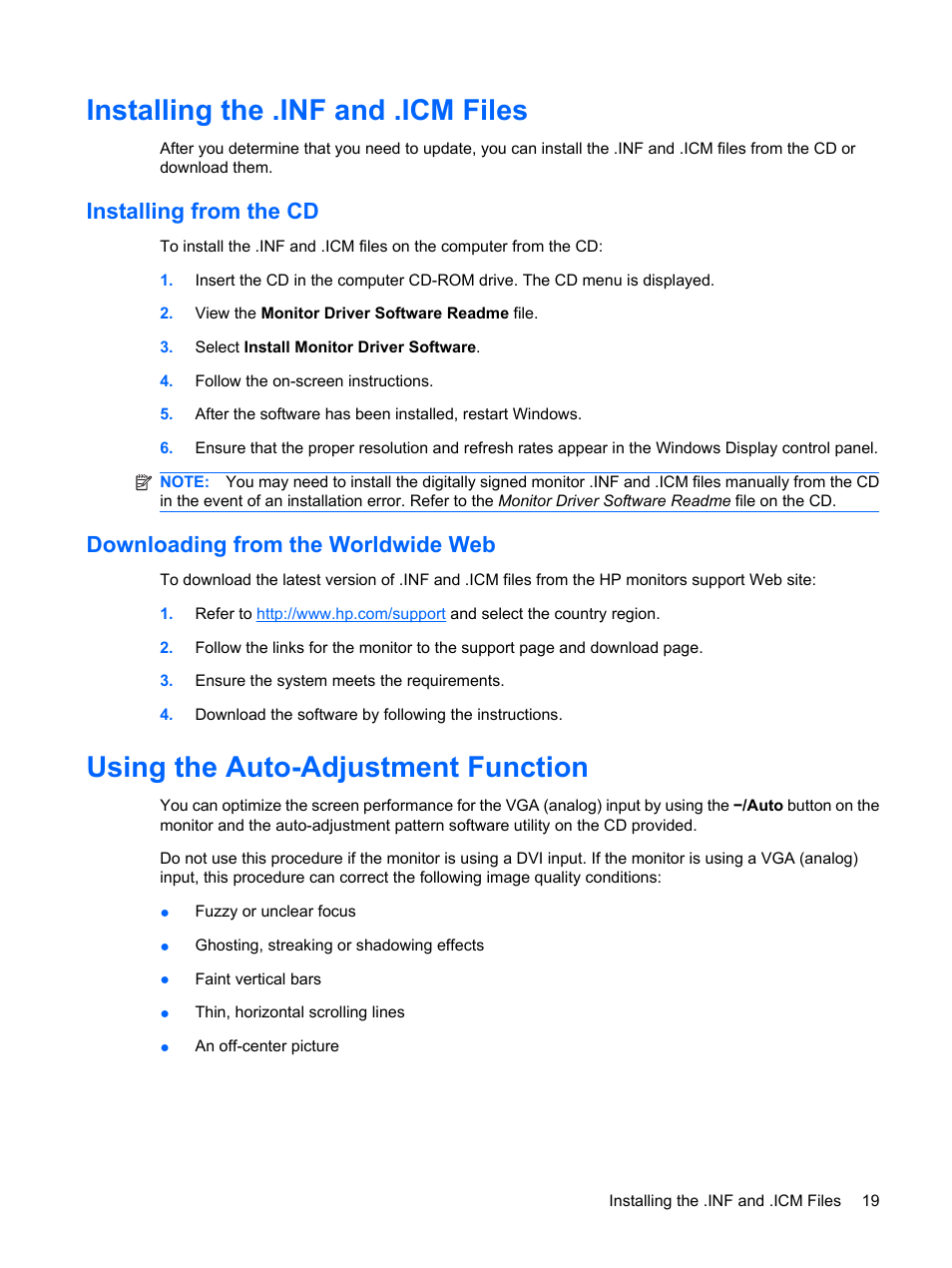 Installing the .inf and .icm files, Installing from the cd, Downloading from the worldwide web | Using the auto-adjustment function | HP L2045w 20-inch Widescreen LCD Monitor User Manual | Page 27 / 49