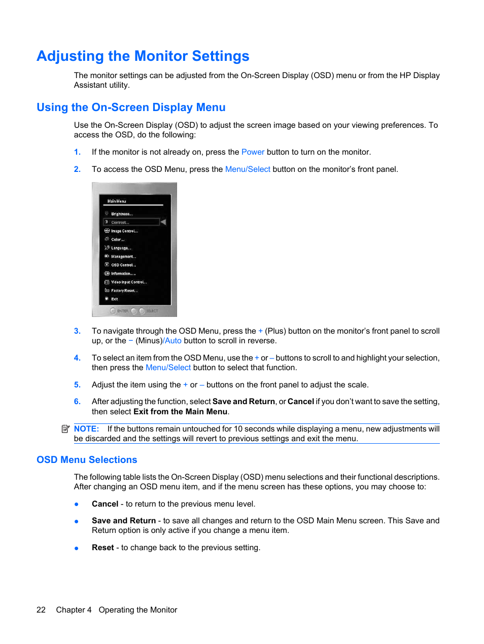 Adjusting the monitor settings, Using the on-screen display menu, Osd menu selections | HP L2045w 20-inch Widescreen LCD Monitor User Manual | Page 30 / 49