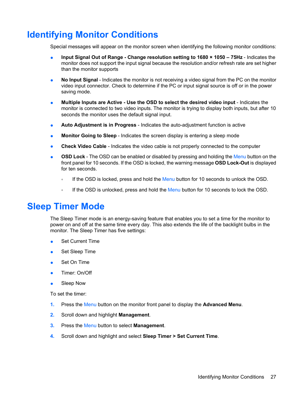 Identifying monitor conditions, Sleep timer mode, Identifying monitor conditions sleep timer mode | HP L2045w 20-inch Widescreen LCD Monitor User Manual | Page 35 / 49
