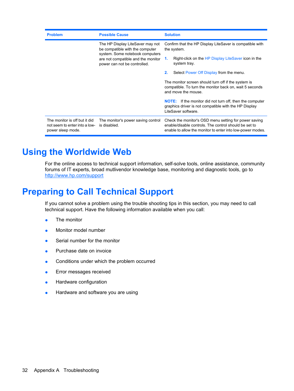 Using the worldwide web, Preparing to call technical support | HP L2045w 20-inch Widescreen LCD Monitor User Manual | Page 40 / 49