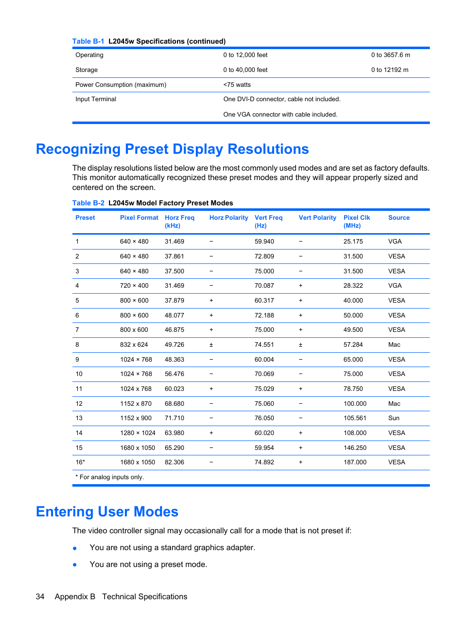 Recognizing preset display resolutions, Entering user modes, Table b-2 l2045w | 34 appendix b technical specifications | HP L2045w 20-inch Widescreen LCD Monitor User Manual | Page 42 / 49