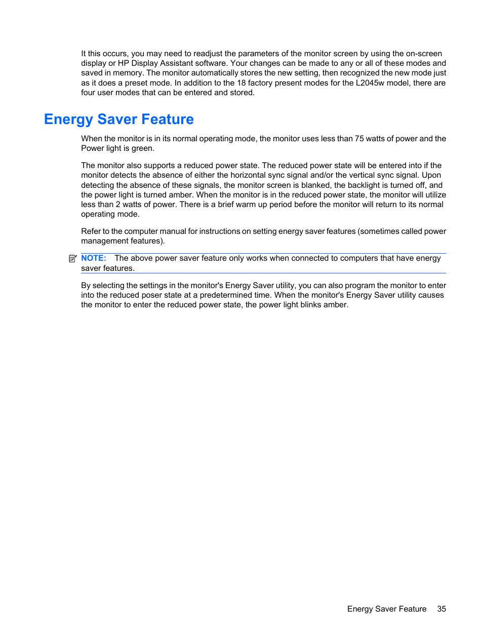 Energy saver feature | HP L2045w 20-inch Widescreen LCD Monitor User Manual | Page 43 / 49