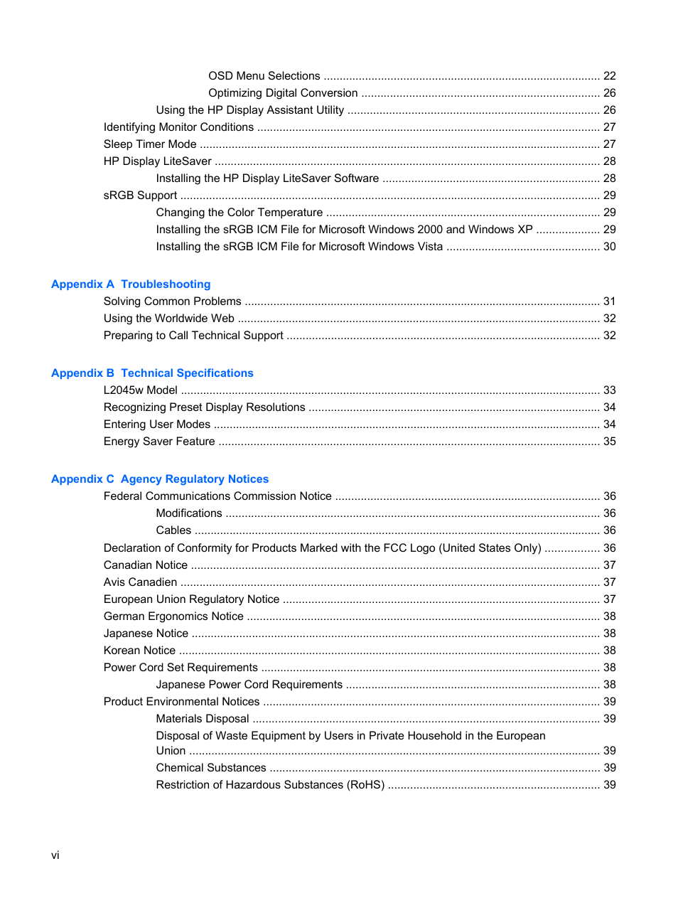 HP L2045w 20-inch Widescreen LCD Monitor User Manual | Page 6 / 49