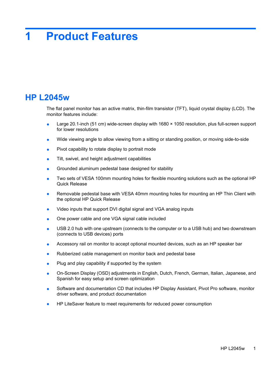 Product features, Hp l2045w, 1 product features | 1product features | HP L2045w 20-inch Widescreen LCD Monitor User Manual | Page 9 / 49