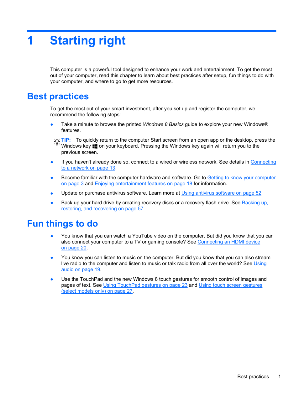 Starting right, Best practices, Fun things to do | 1 starting right, Best practices fun things to do, 1starting right | HP Pavilion TouchSmart 15-b107cl Sleekbook User Manual | Page 11 / 78