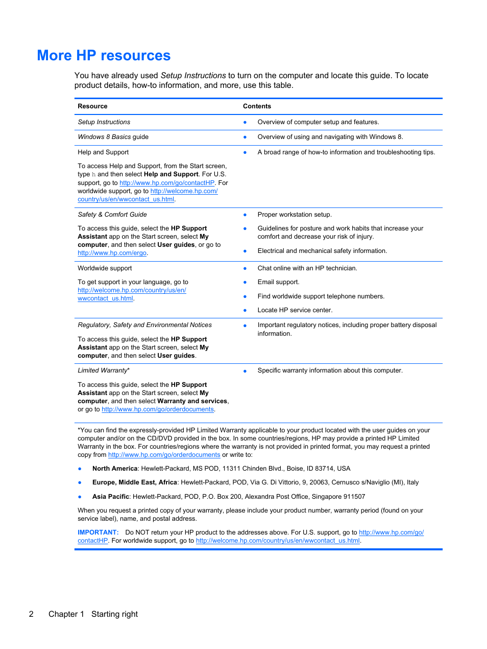 More hp resources, 2chapter 1 starting right | HP Pavilion TouchSmart 15-b107cl Sleekbook User Manual | Page 12 / 78