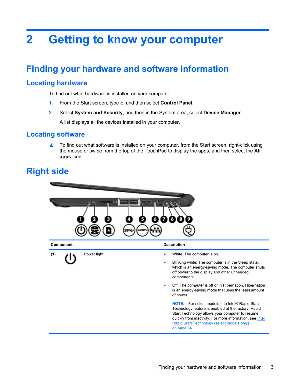 Getting to know your computer, Finding your hardware and software information, Locating hardware | Locating software, Right side, 2 getting to know your computer, Locating hardware locating software, 2getting to know your computer | HP Pavilion TouchSmart 15-b107cl Sleekbook User Manual | Page 13 / 78