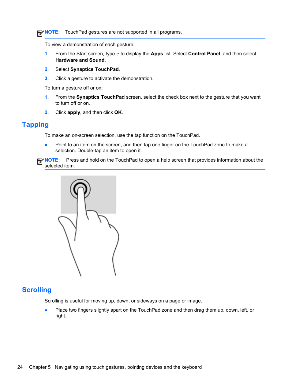 Tapping, Scrolling, Tapping scrolling | HP Pavilion TouchSmart 15-b107cl Sleekbook User Manual | Page 34 / 78