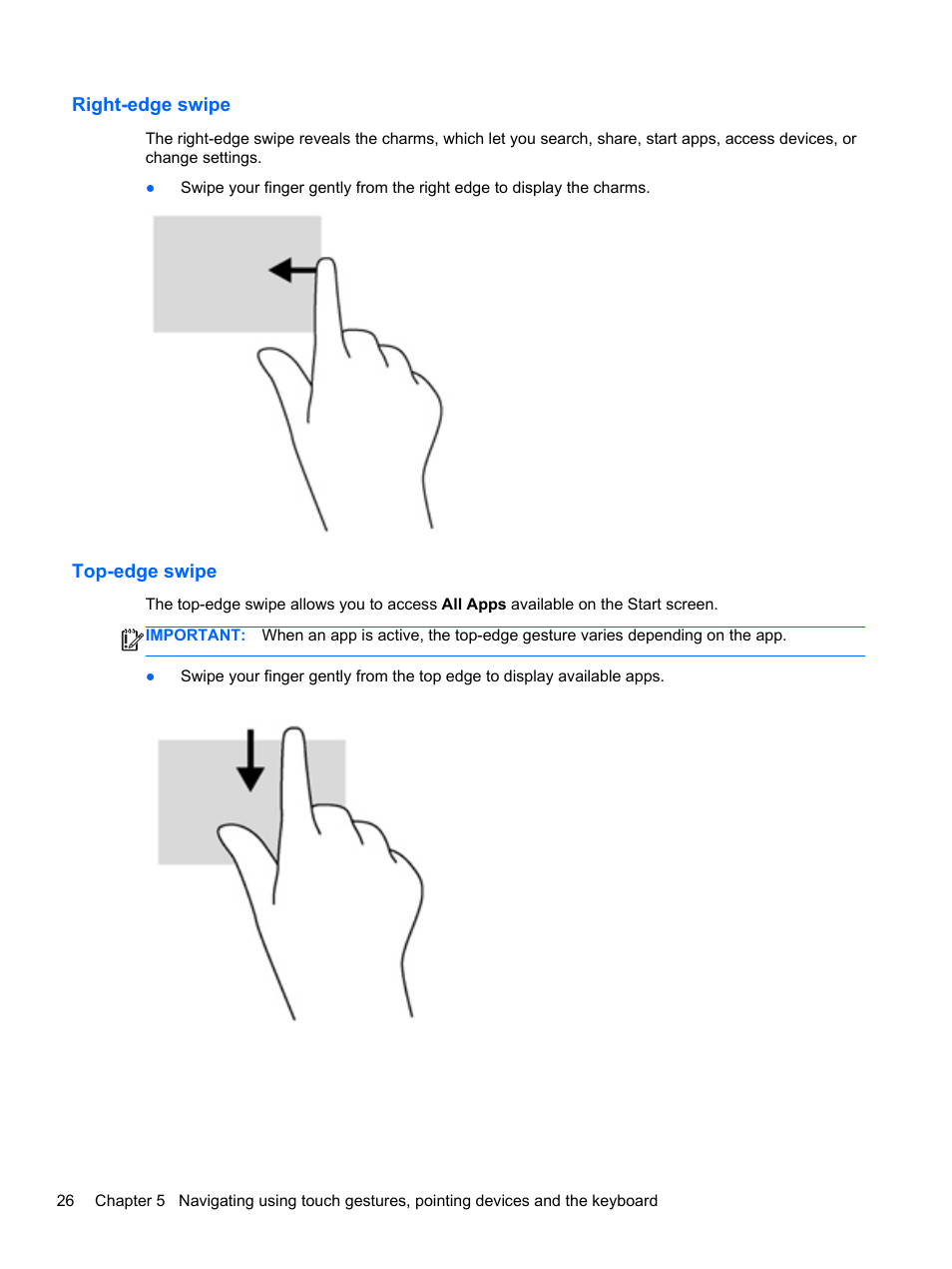 Right-edge swipe, Top-edge swipe, Right-edge swipe top-edge swipe | HP Pavilion TouchSmart 15-b107cl Sleekbook User Manual | Page 36 / 78