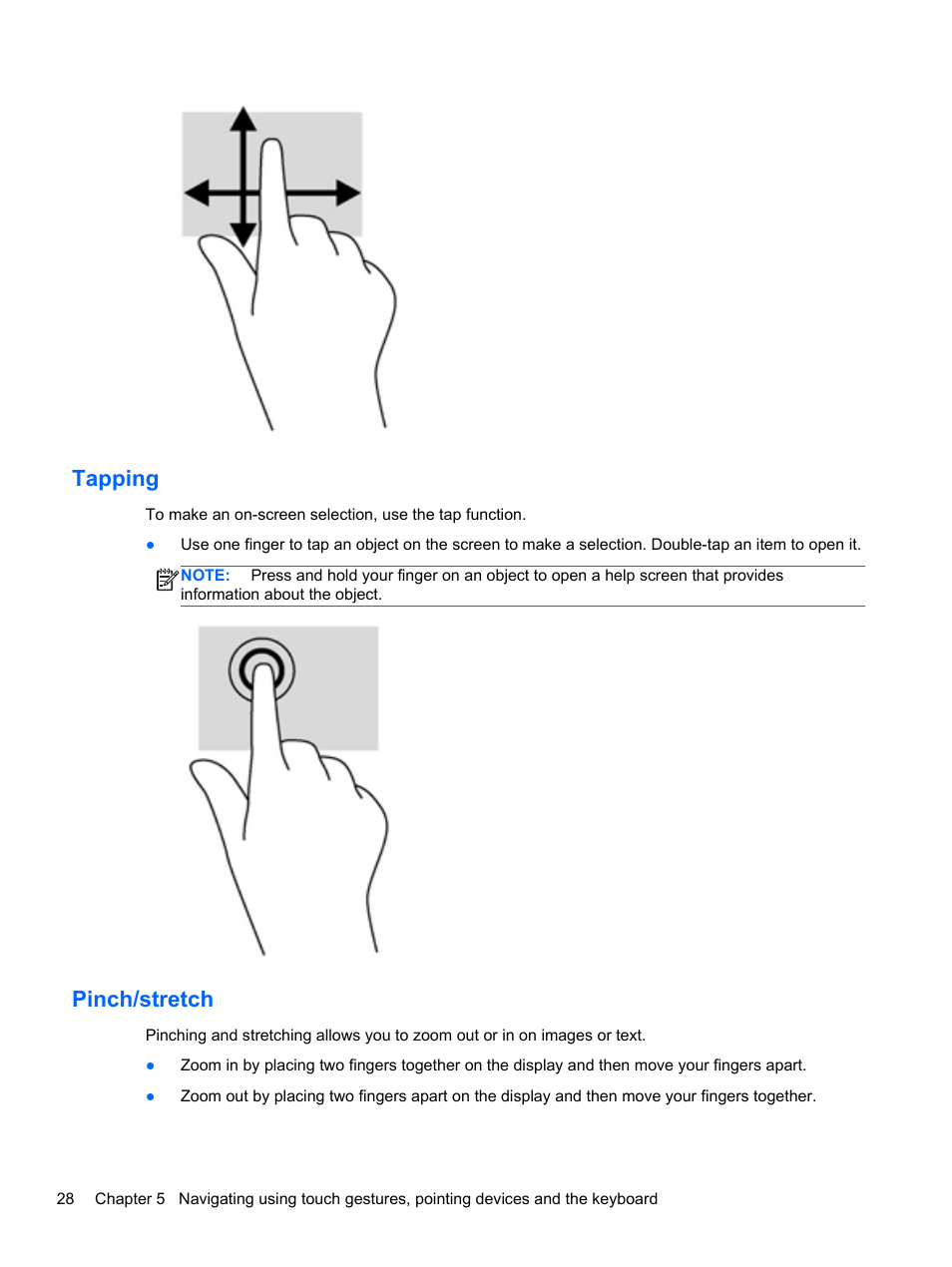 Tapping, Pinch/stretch, Tapping pinch/stretch | HP Pavilion TouchSmart 15-b107cl Sleekbook User Manual | Page 38 / 78