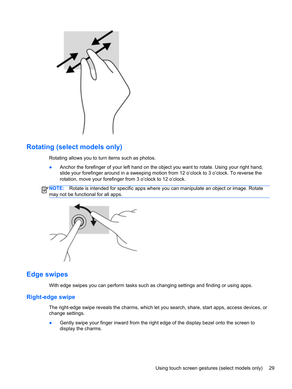 Rotating (select models only), Edge swipes, Right-edge swipe | Rotating (select models only) edge swipes | HP Pavilion TouchSmart 15-b107cl Sleekbook User Manual | Page 39 / 78