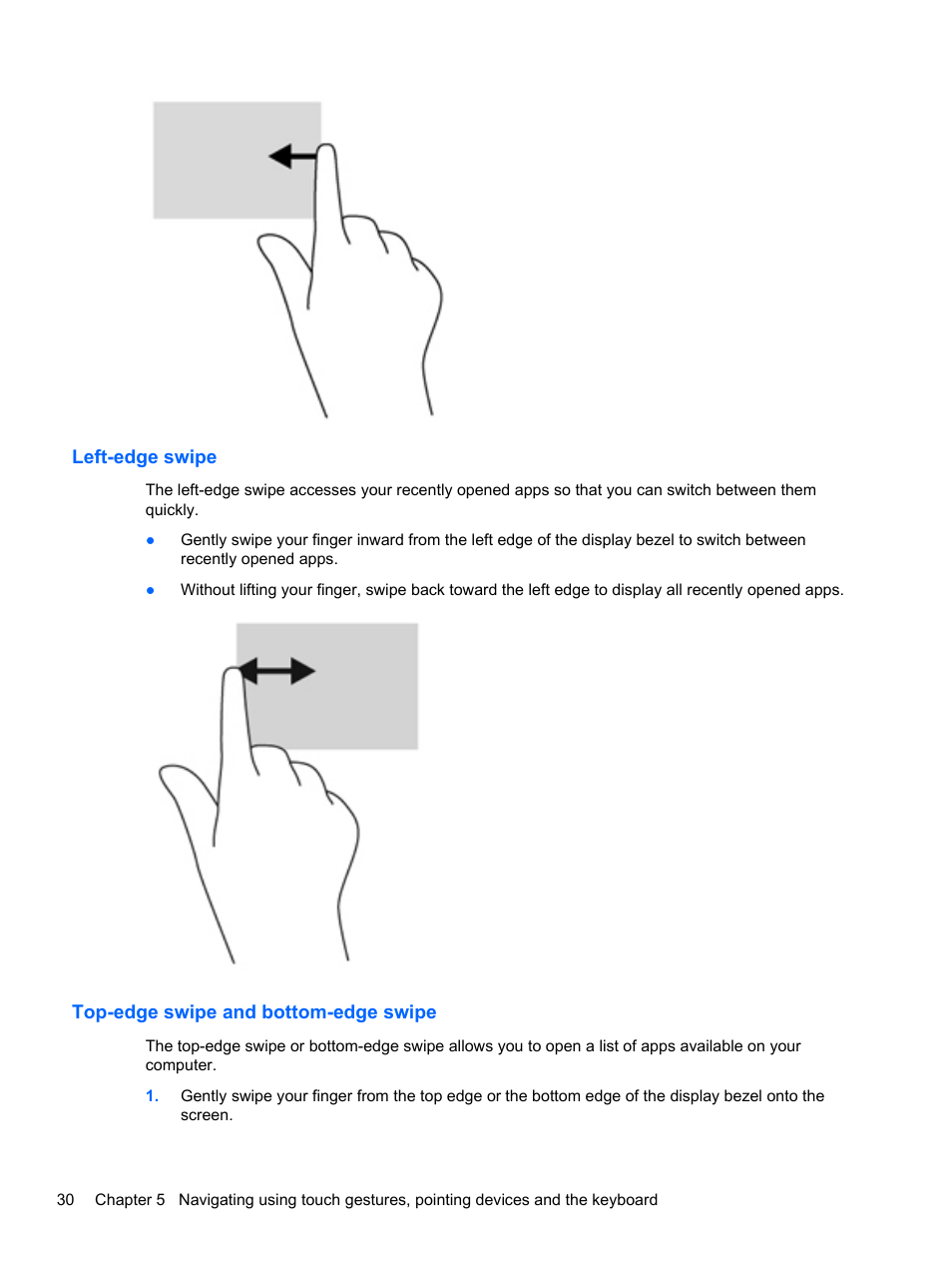 Left-edge swipe, Top-edge swipe and bottom-edge swipe | HP Pavilion TouchSmart 15-b107cl Sleekbook User Manual | Page 40 / 78