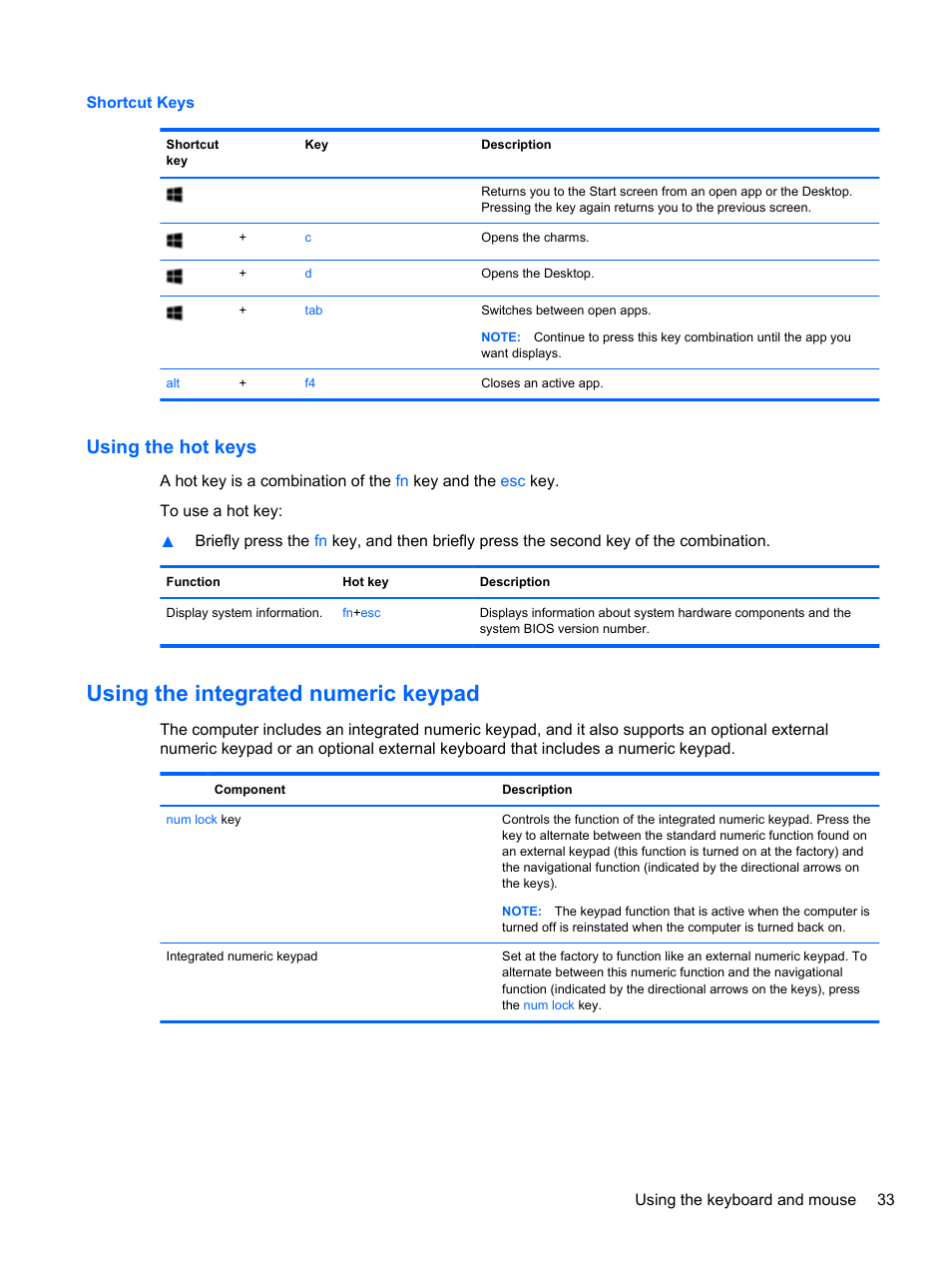 Using the hot keys, Using the integrated numeric keypad | HP Pavilion TouchSmart 15-b107cl Sleekbook User Manual | Page 43 / 78