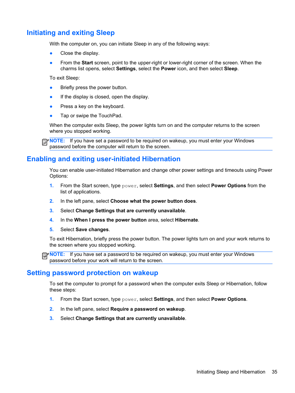 Initiating and exiting sleep, Enabling and exiting user-initiated hibernation, Setting password protection on wakeup | Initiating and, Enabling and exiting user-initiated | HP Pavilion TouchSmart 15-b107cl Sleekbook User Manual | Page 45 / 78