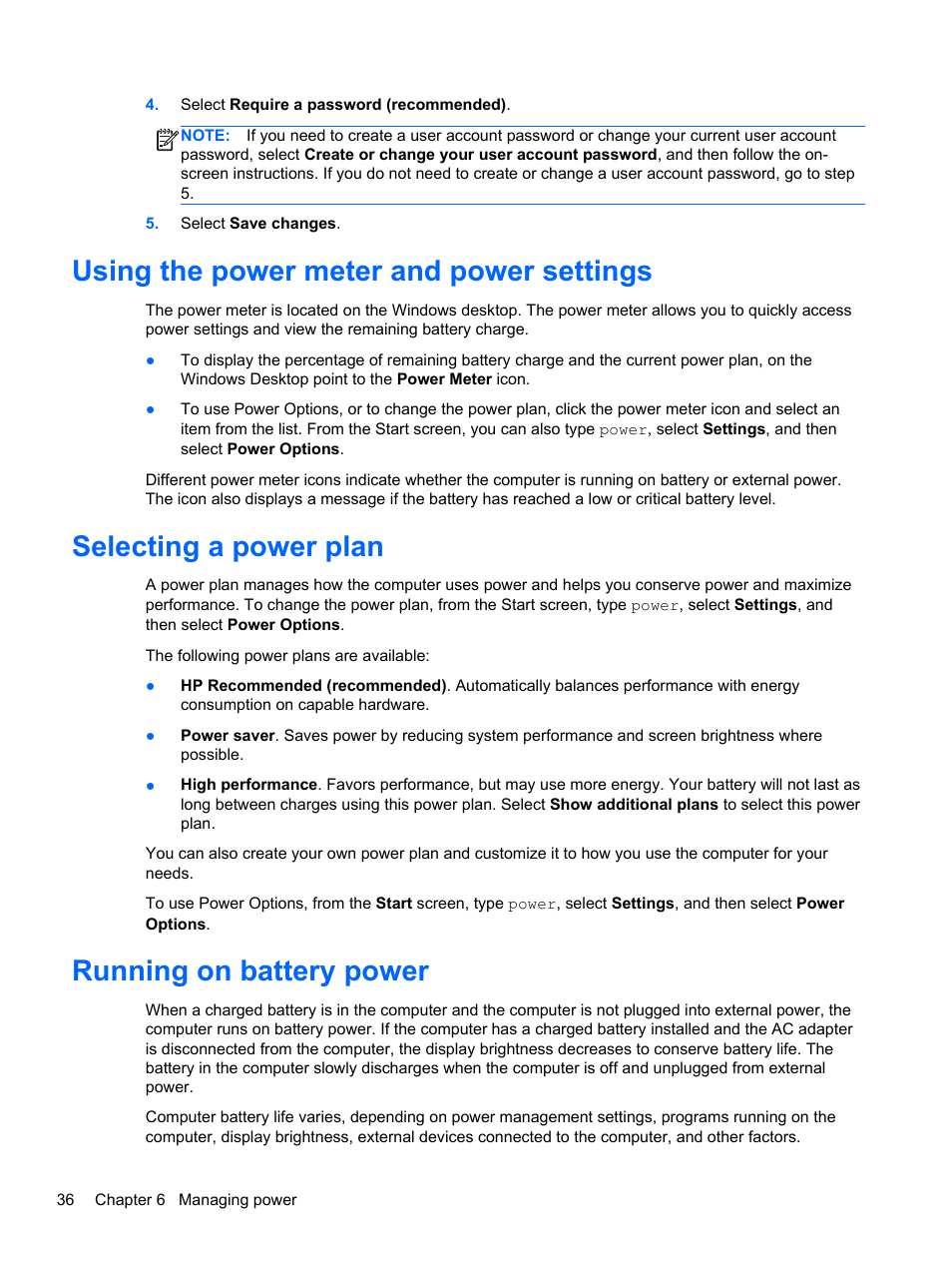 Using the power meter and power settings, Selecting a power plan, Running on battery power | HP Pavilion TouchSmart 15-b107cl Sleekbook User Manual | Page 46 / 78