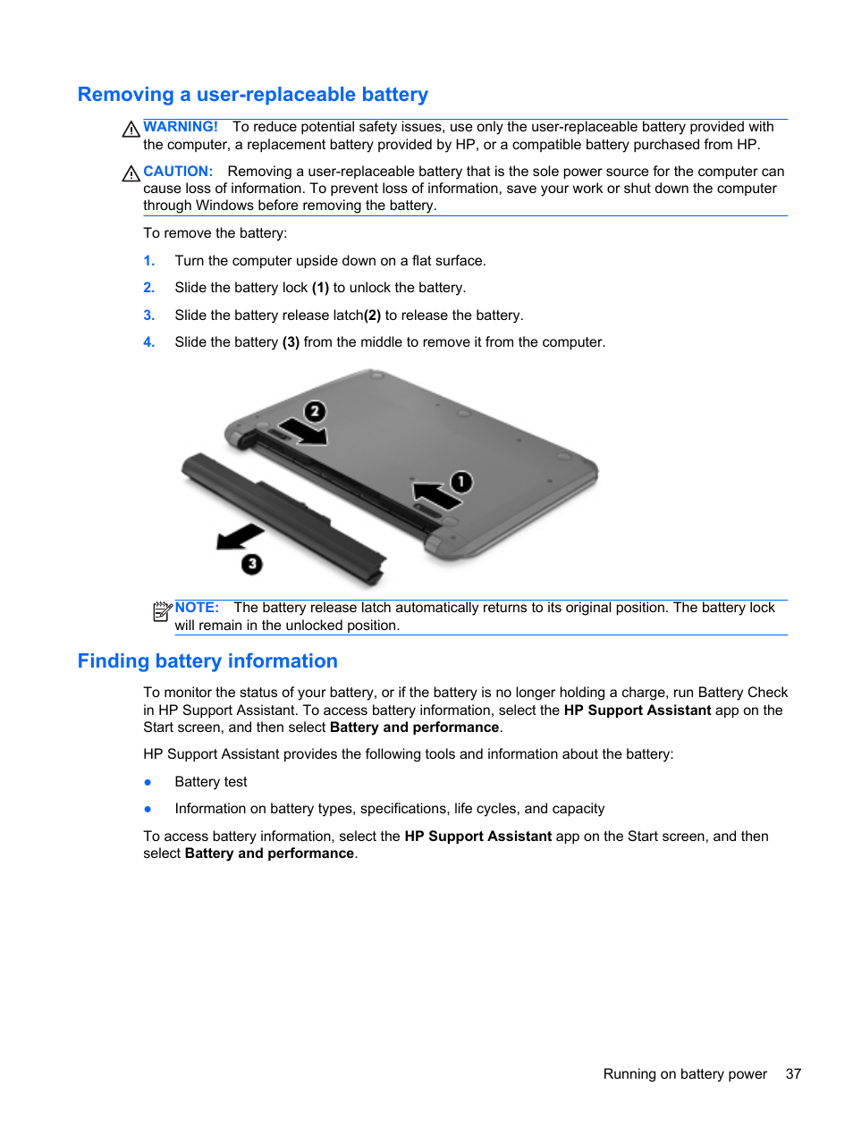 Removing a user-replaceable battery, Finding battery information | HP Pavilion TouchSmart 15-b107cl Sleekbook User Manual | Page 47 / 78