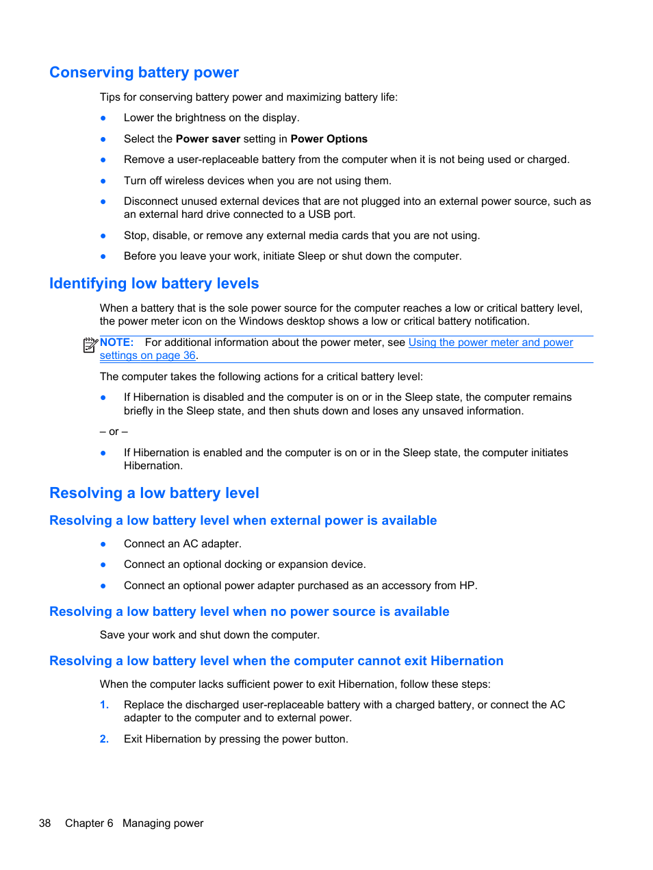 Conserving battery power, Identifying low battery levels, Resolving a low battery level | HP Pavilion TouchSmart 15-b107cl Sleekbook User Manual | Page 48 / 78