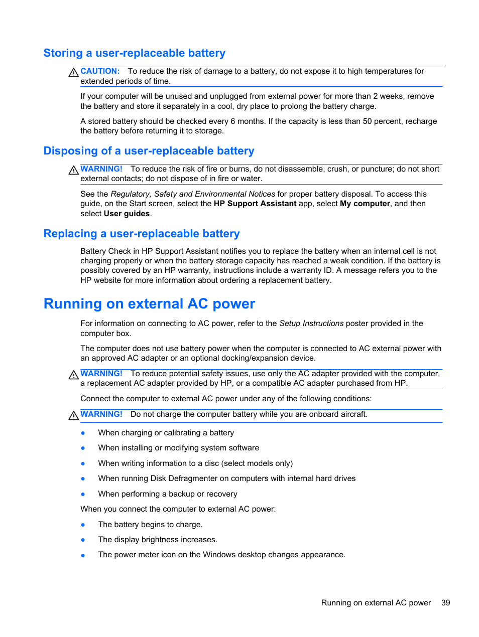 Storing a user-replaceable battery, Disposing of a user-replaceable battery, Replacing a user-replaceable battery | Running on external ac power | HP Pavilion TouchSmart 15-b107cl Sleekbook User Manual | Page 49 / 78
