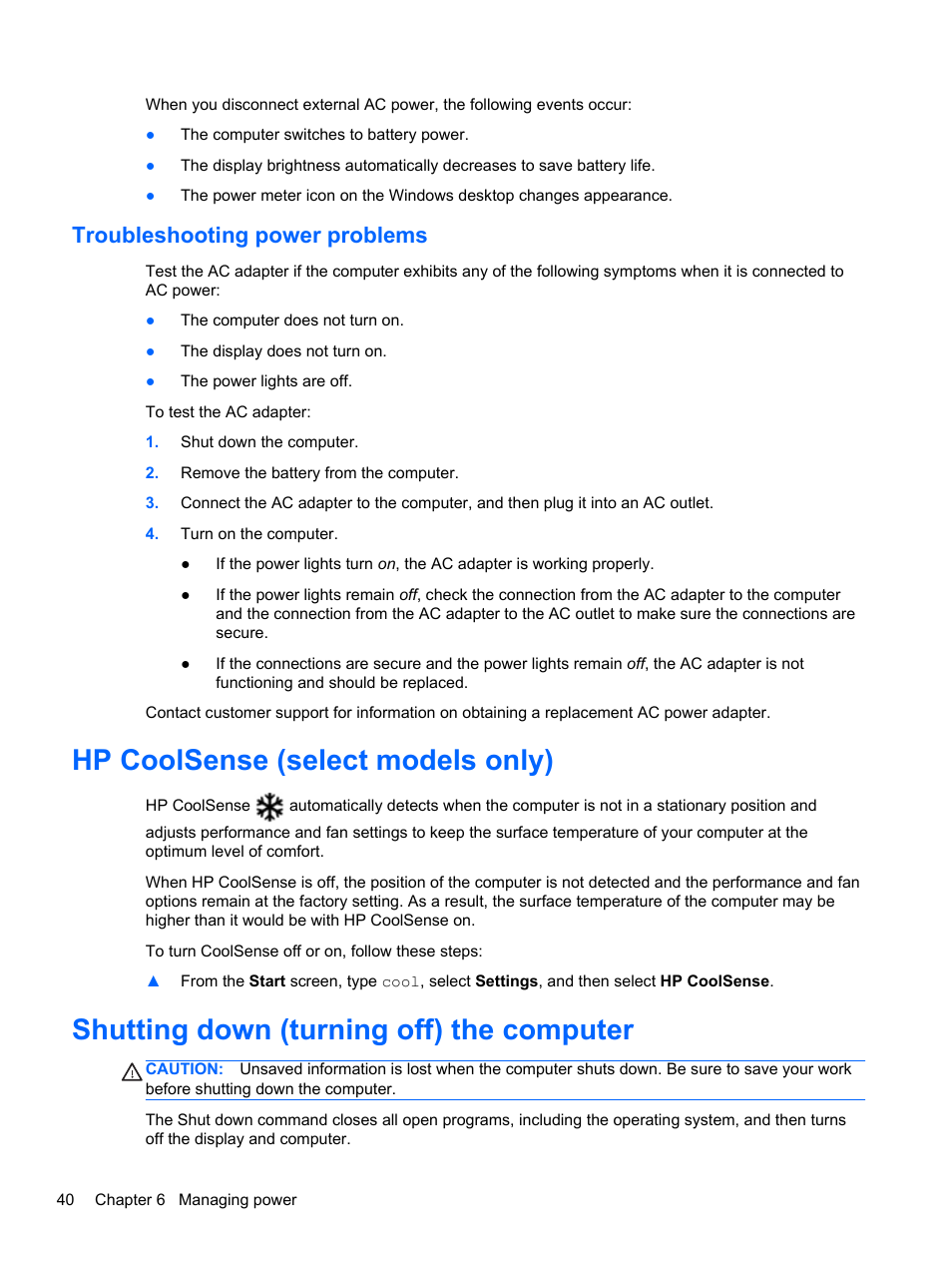Troubleshooting power problems, Hp coolsense (select models only), Shutting down (turning off) the computer | HP Pavilion TouchSmart 15-b107cl Sleekbook User Manual | Page 50 / 78