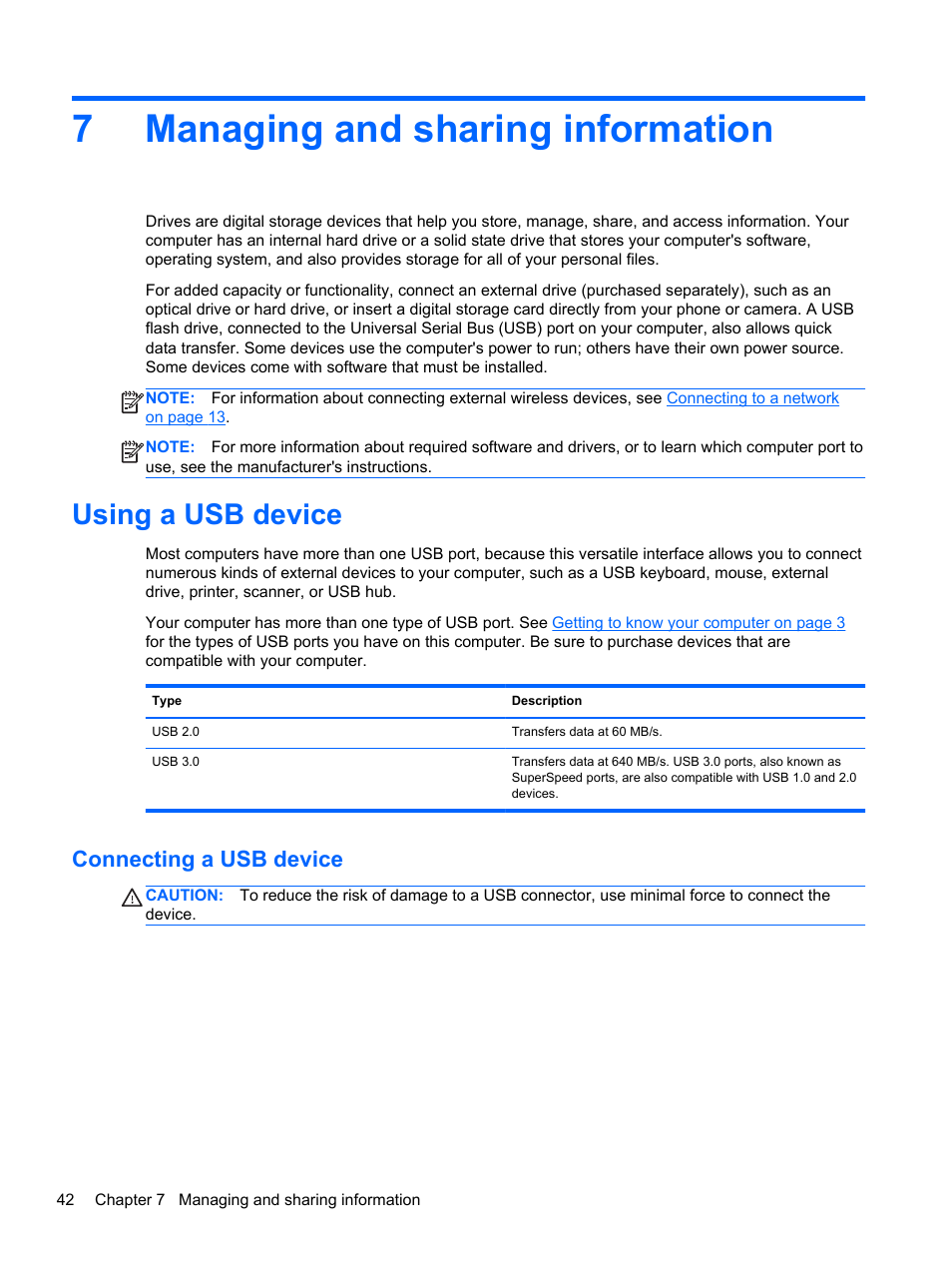 Managing and sharing information, Using a usb device, Connecting a usb device | 7 managing and sharing information, 7managing and sharing information | HP Pavilion TouchSmart 15-b107cl Sleekbook User Manual | Page 52 / 78