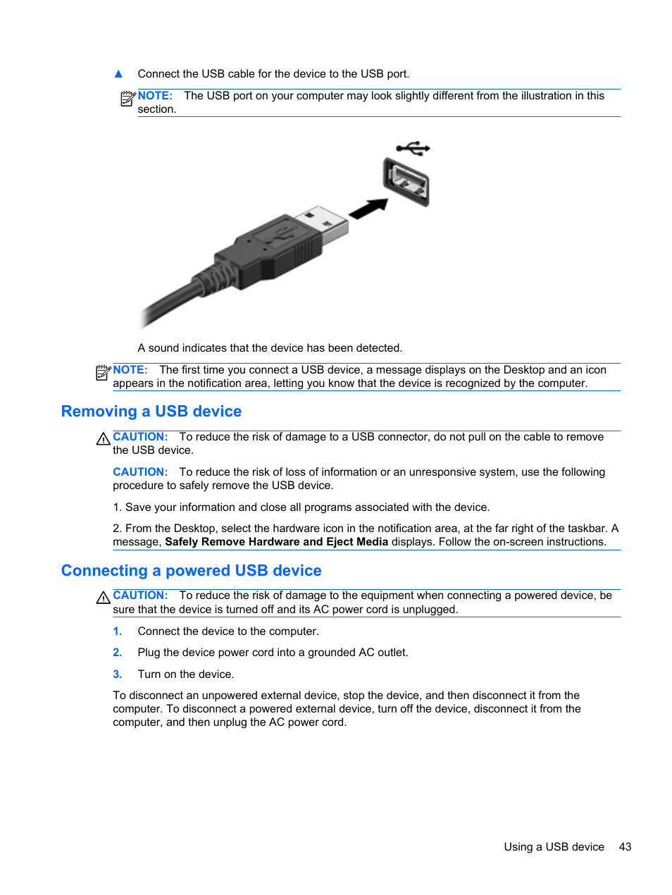 Removing a usb device, Connecting a powered usb device | HP Pavilion TouchSmart 15-b107cl Sleekbook User Manual | Page 53 / 78
