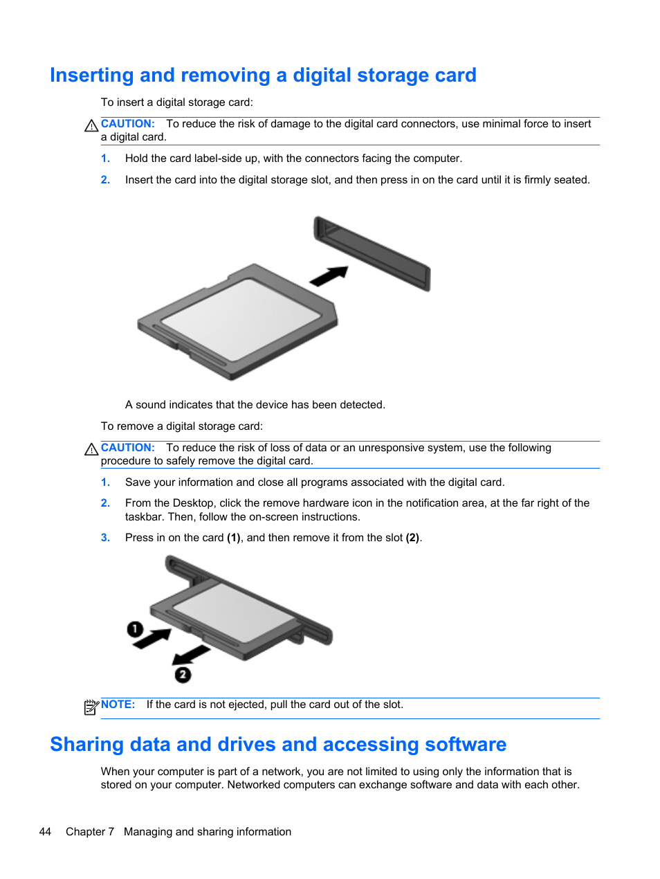 Inserting and removing a digital storage card, Sharing data and drives and accessing software | HP Pavilion TouchSmart 15-b107cl Sleekbook User Manual | Page 54 / 78