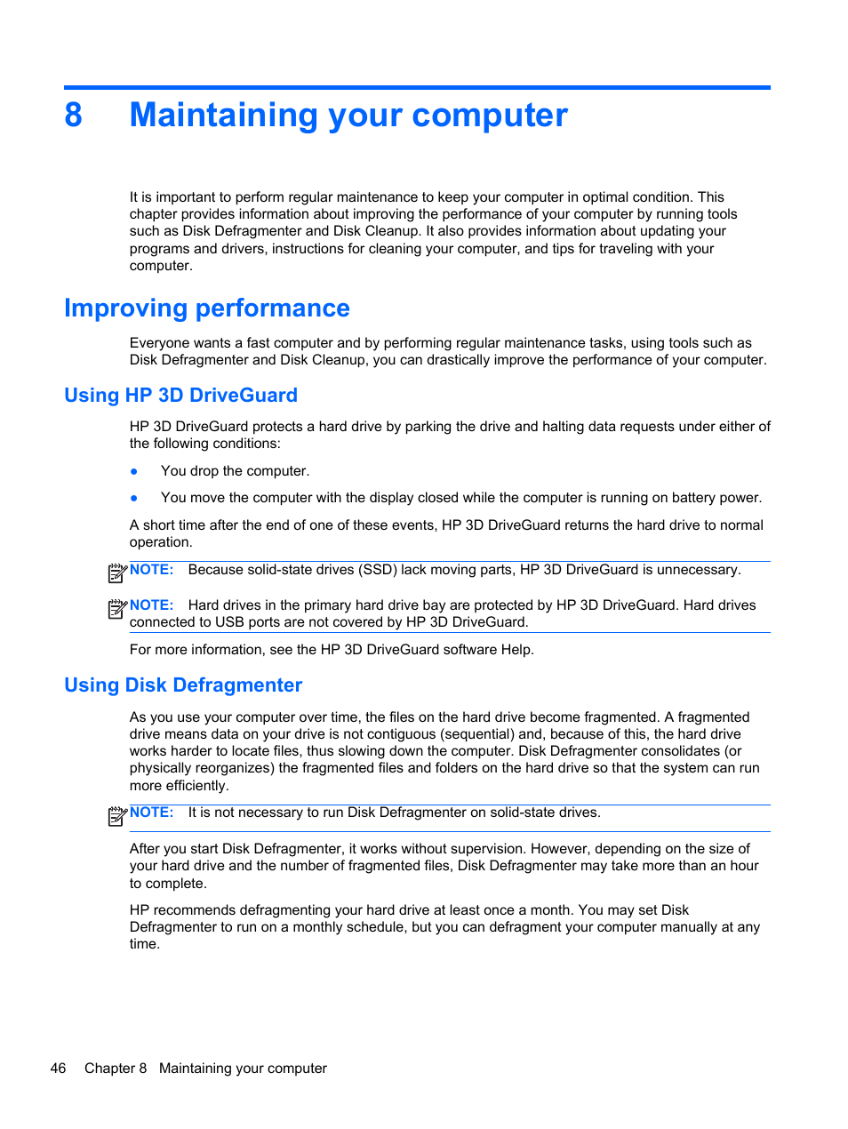Maintaining your computer, Improving performance, Using hp 3d driveguard | Using disk defragmenter, 8 maintaining your computer, Using hp 3d driveguard using disk defragmenter, 8maintaining your computer | HP Pavilion TouchSmart 15-b107cl Sleekbook User Manual | Page 56 / 78
