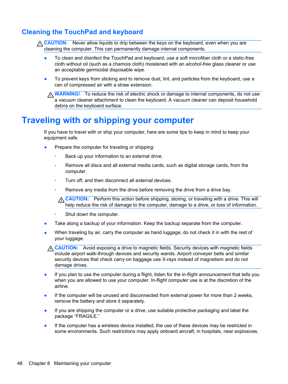 Cleaning the touchpad and keyboard, Traveling with or shipping your computer | HP Pavilion TouchSmart 15-b107cl Sleekbook User Manual | Page 58 / 78