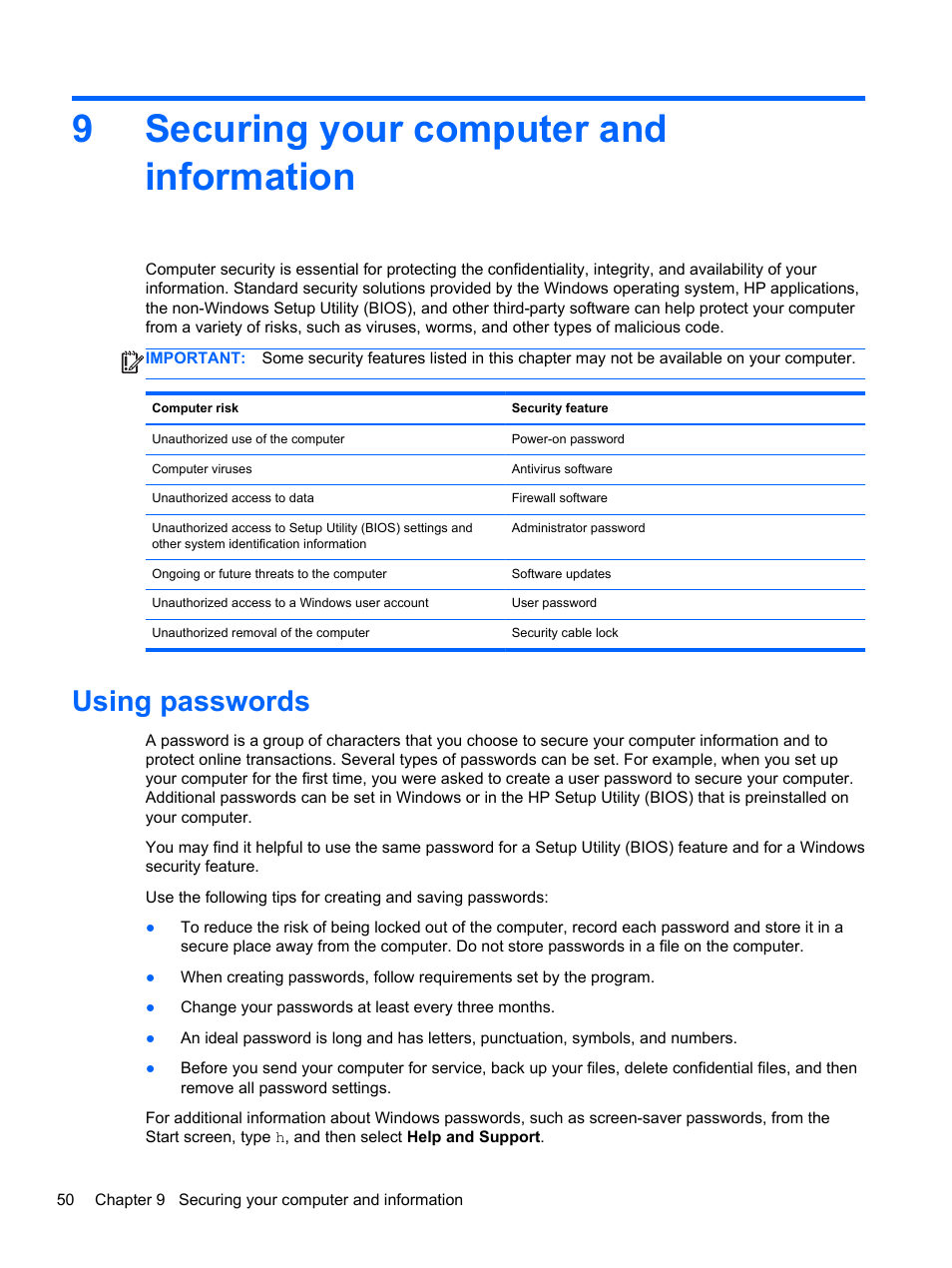 Securing your computer and information, Using passwords, 9 securing your computer and information | 9securing your computer and information | HP Pavilion TouchSmart 15-b107cl Sleekbook User Manual | Page 60 / 78