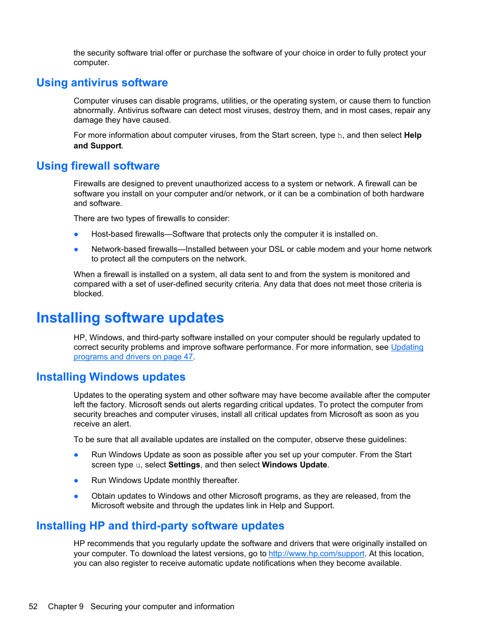 Using antivirus software, Using firewall software, Installing software updates | Installing windows updates, Installing hp and third-party software updates, Using antivirus software using firewall software | HP Pavilion TouchSmart 15-b107cl Sleekbook User Manual | Page 62 / 78
