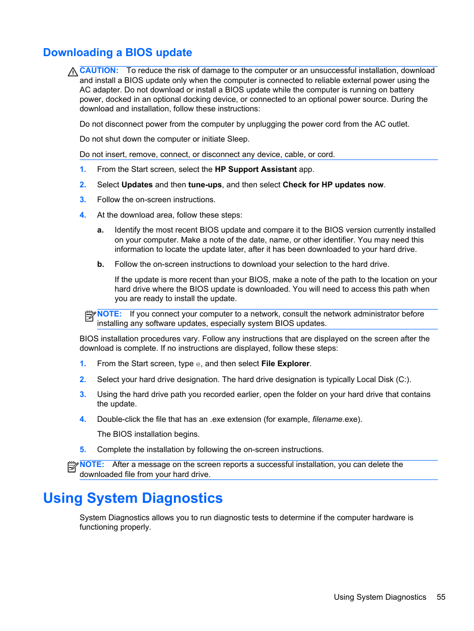 Downloading a bios update, Using system diagnostics | HP Pavilion TouchSmart 15-b107cl Sleekbook User Manual | Page 65 / 78