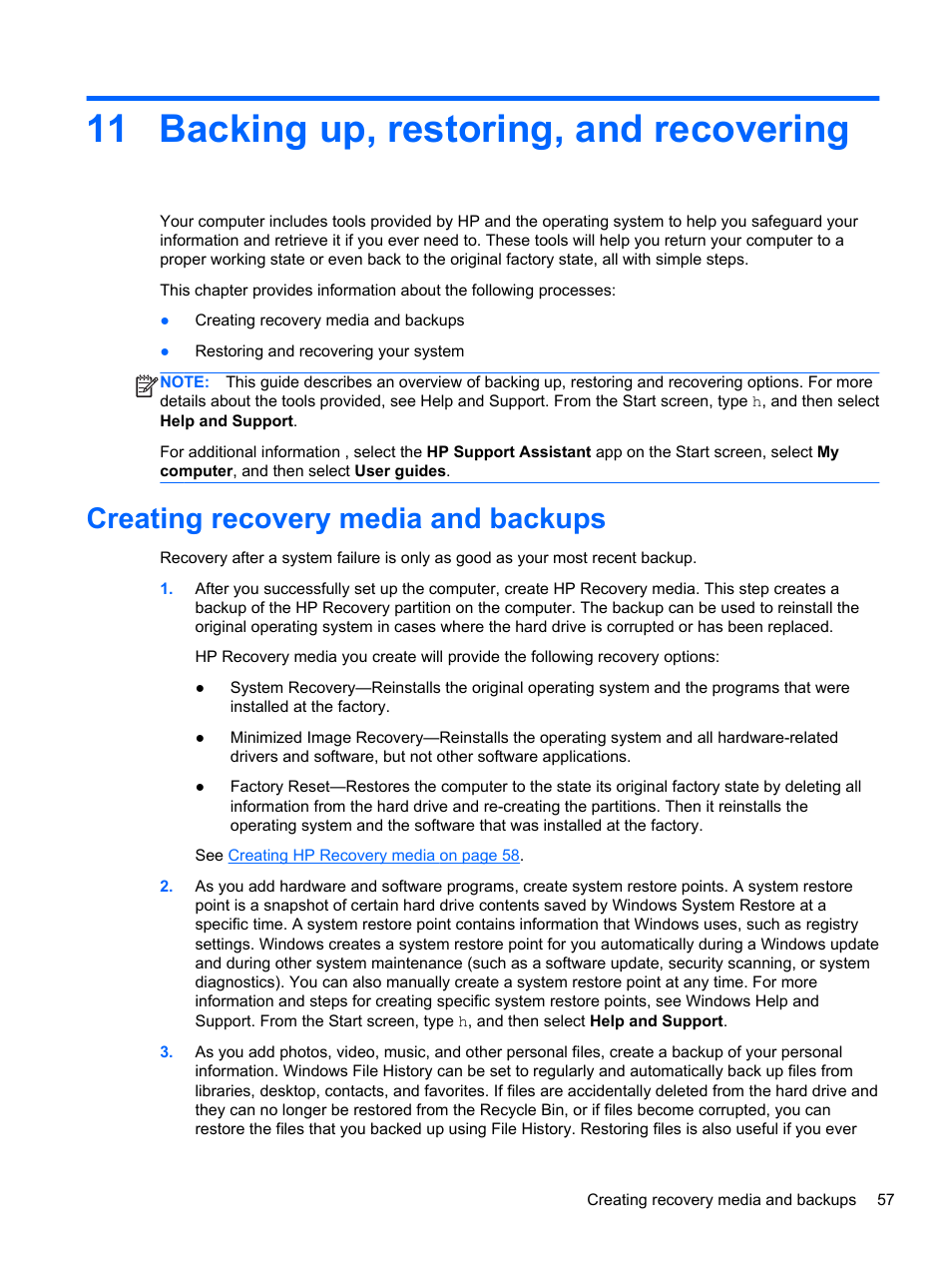 Backing up, restoring, and recovering, Creating recovery media and backups, 11 backing up, restoring, and recovering | Backing up | HP Pavilion TouchSmart 15-b107cl Sleekbook User Manual | Page 67 / 78
