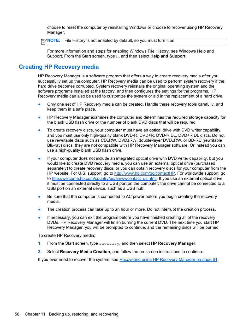 Creating hp recovery media | HP Pavilion TouchSmart 15-b107cl Sleekbook User Manual | Page 68 / 78