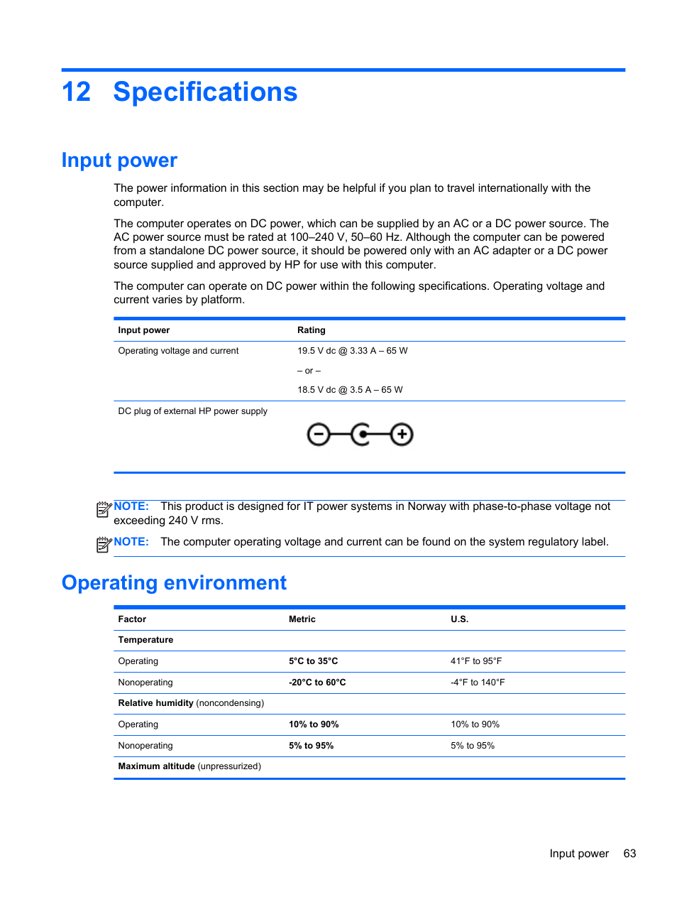 Specifications, Input power, Operating environment | 12 specifications, Input power operating environment | HP Pavilion TouchSmart 15-b107cl Sleekbook User Manual | Page 73 / 78