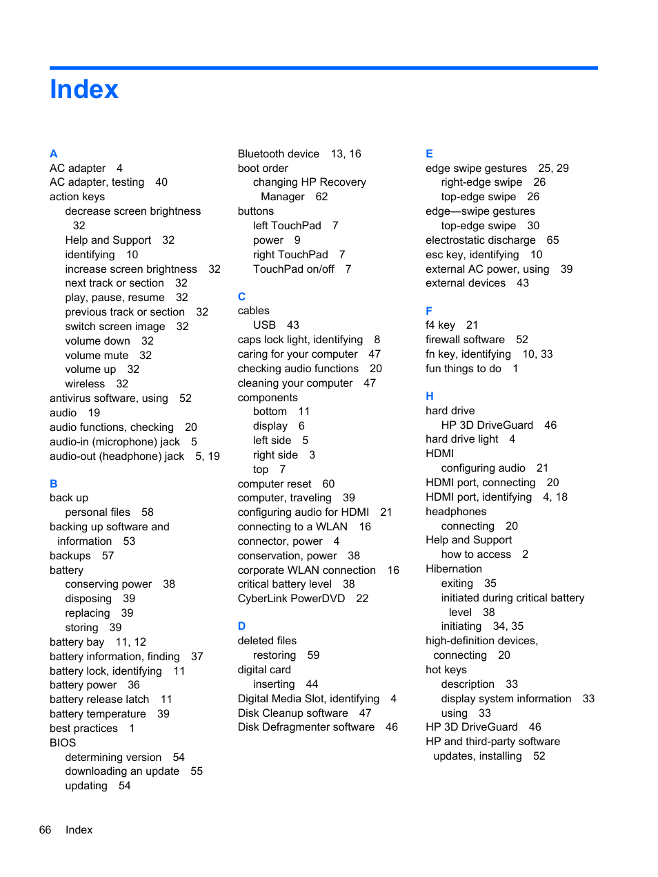 Index | HP Pavilion TouchSmart 15-b107cl Sleekbook User Manual | Page 76 / 78