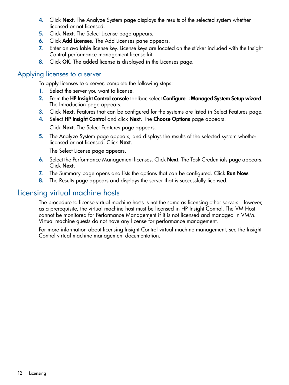 Applying licenses to a server, Licensing virtual machine hosts | HP Insight Control User Manual | Page 12 / 76