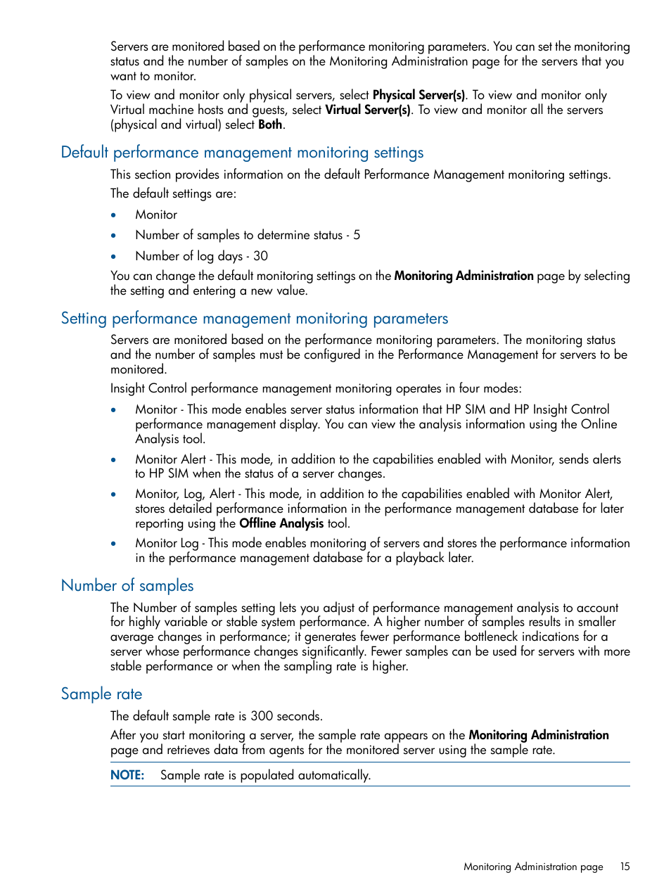 Default performance management monitoring settings, Number of samples, Sample rate | HP Insight Control User Manual | Page 15 / 76