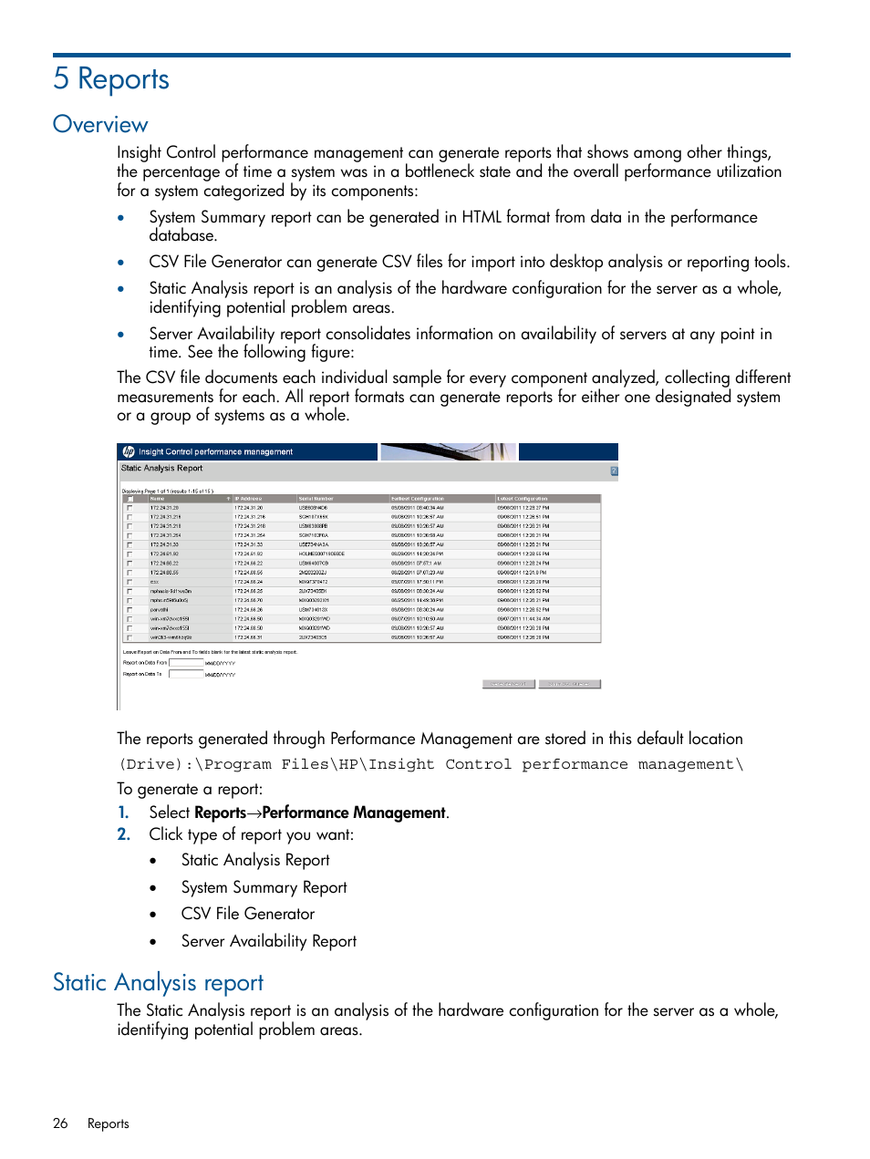 5 reports, Overview, Static analysis report | Overview static analysis report | HP Insight Control User Manual | Page 26 / 76
