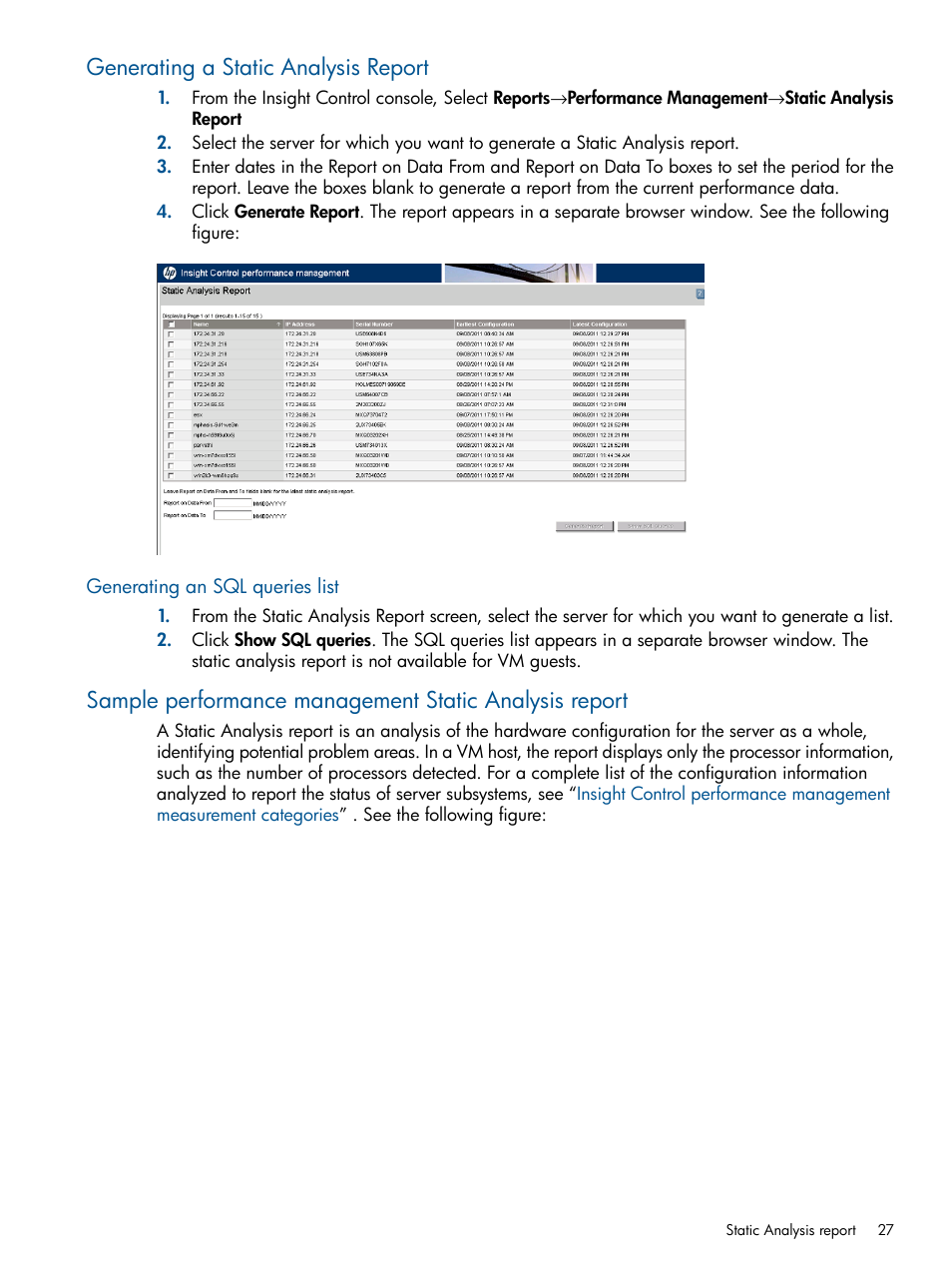 Generating a static analysis report, Generating an sql queries list | HP Insight Control User Manual | Page 27 / 76