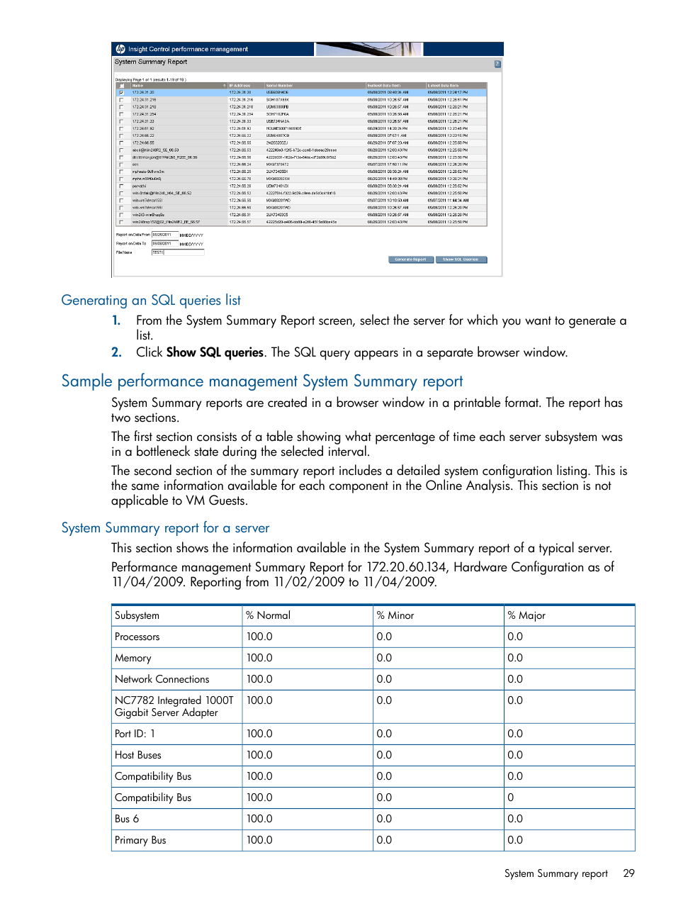 Generating an sql queries list, System summary report for a server | HP Insight Control User Manual | Page 29 / 76