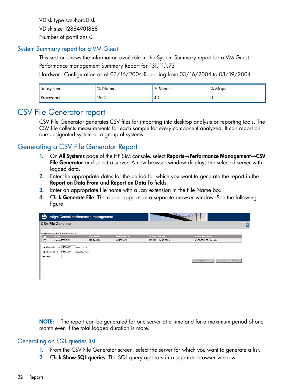 System summary report for a vm guest, Csv file generator report, Generating a csv file generator report | Generating an sql queries list | HP Insight Control User Manual | Page 32 / 76