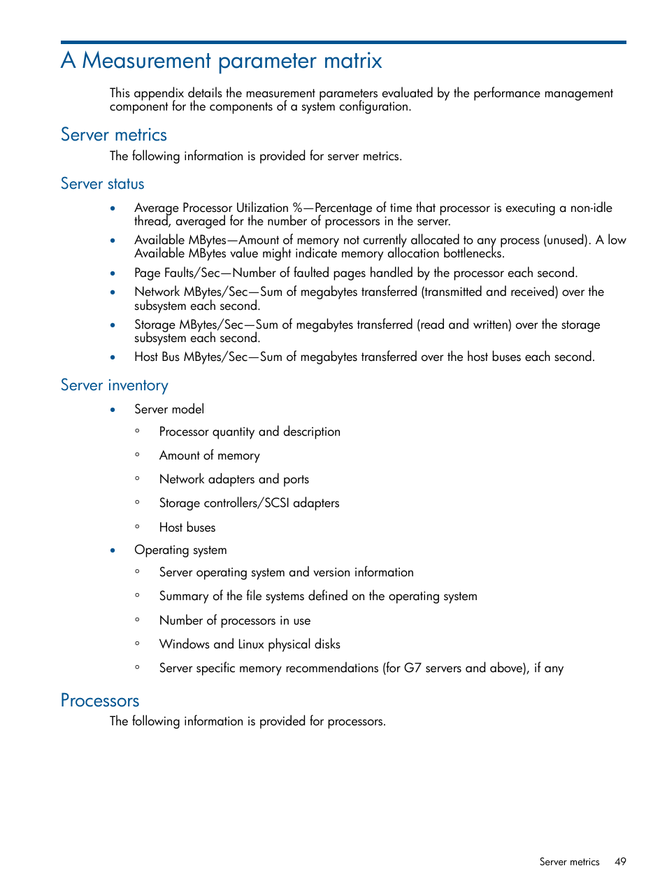 A measurement parameter matrix, Server metrics, Server status | Server inventory, Processors, Server status server inventory | HP Insight Control User Manual | Page 49 / 76