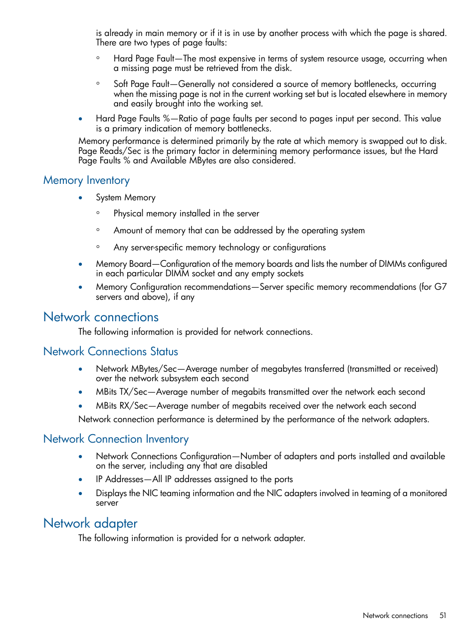 Memory inventory, Network connections, Network connections status | Network connection inventory, Network adapter | HP Insight Control User Manual | Page 51 / 76