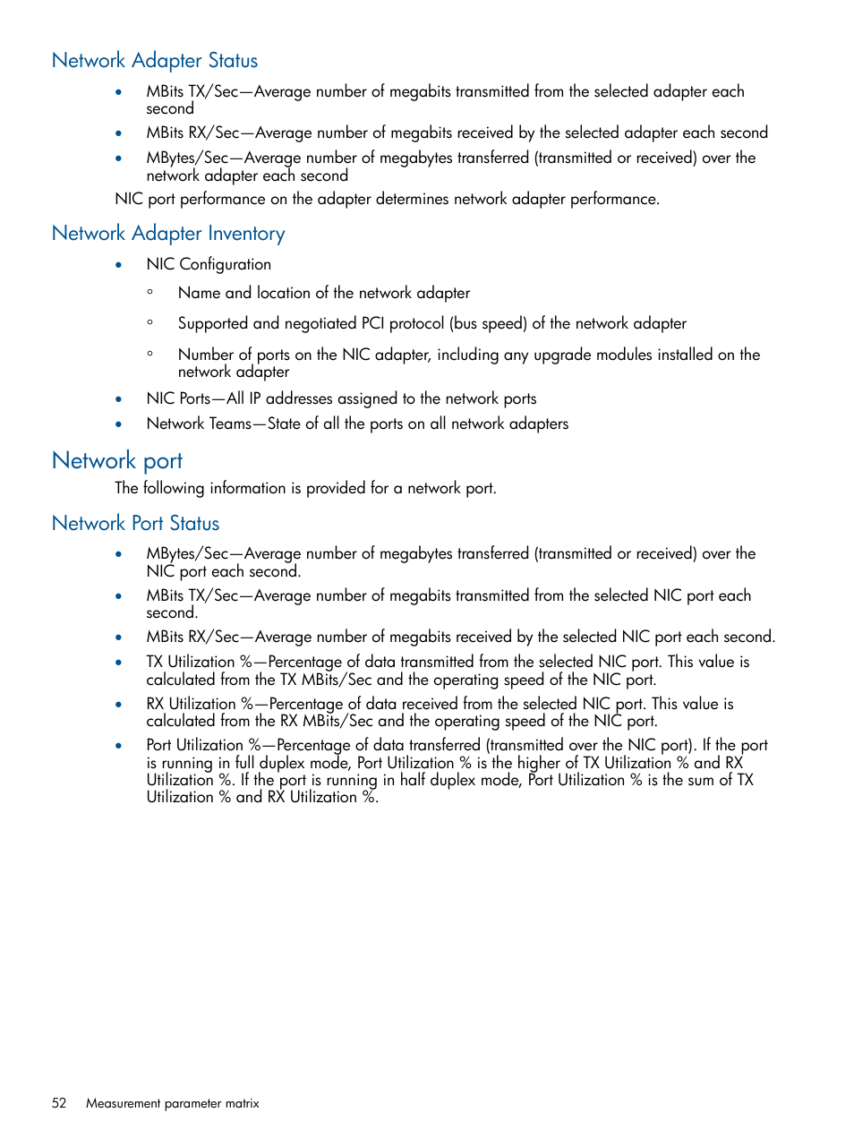 Network adapter status, Network adapter inventory, Network port | Network port status, Network adapter status network adapter inventory | HP Insight Control User Manual | Page 52 / 76