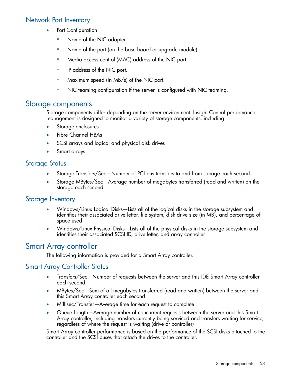 Network port inventory, Storage components, Storage status | Storage inventory, Smart array controller, Smart array controller status, Storage status storage inventory | HP Insight Control User Manual | Page 53 / 76