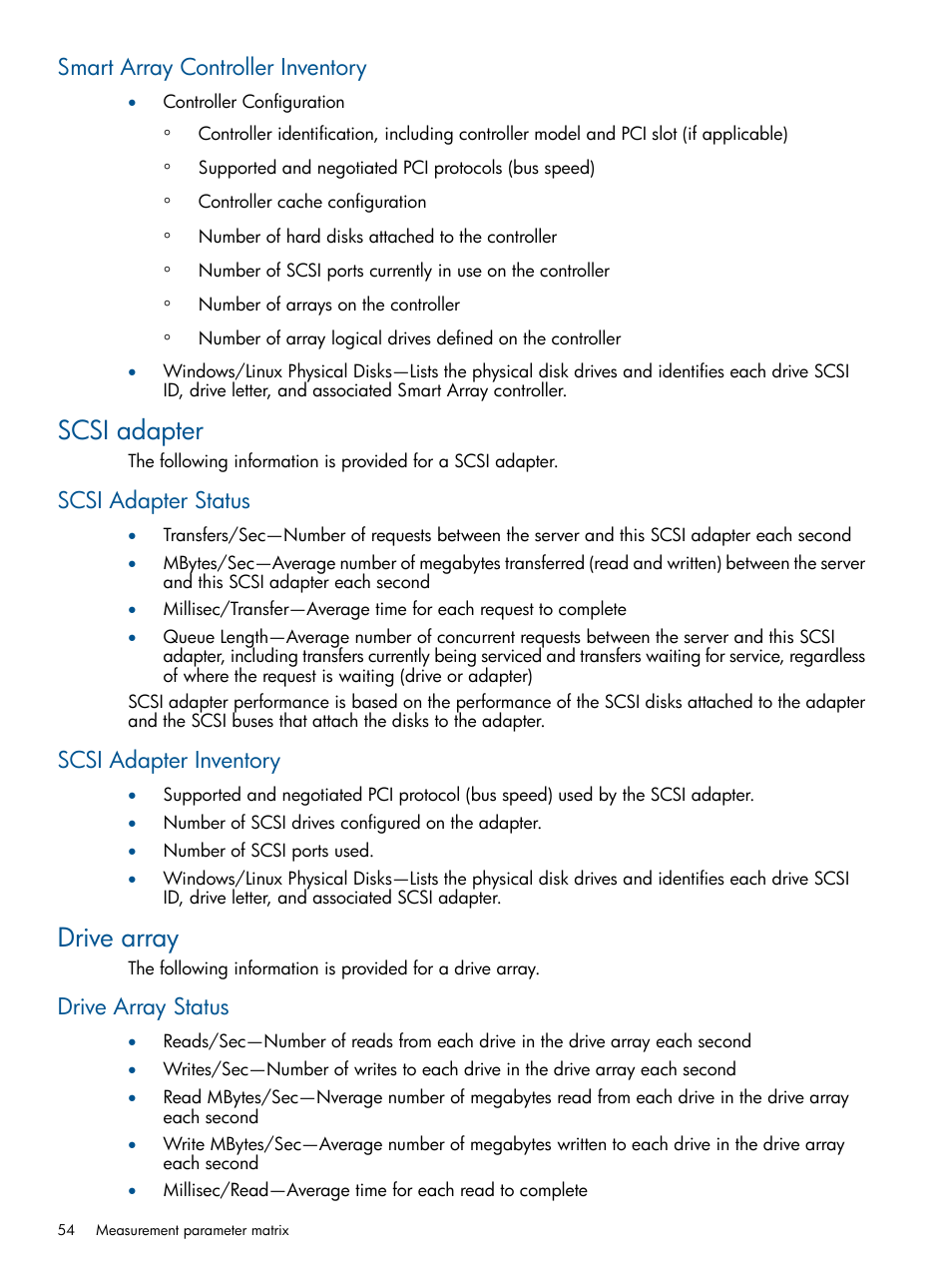 Smart array controller inventory, Scsi adapter, Scsi adapter status | Scsi adapter inventory, Drive array, Drive array status, Scsi adapter status scsi adapter inventory | HP Insight Control User Manual | Page 54 / 76